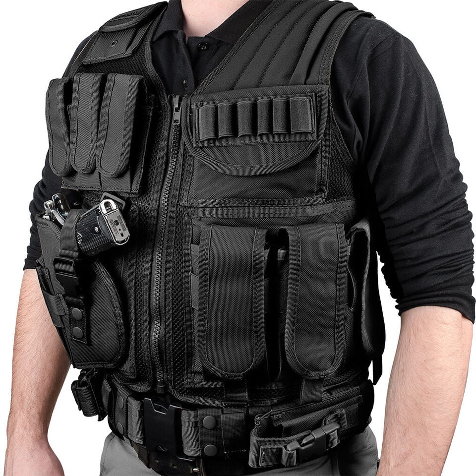 Adjustable Tactical Vest (High Quality) w/Pistol Holster-Pouches-Zip Front and Belt