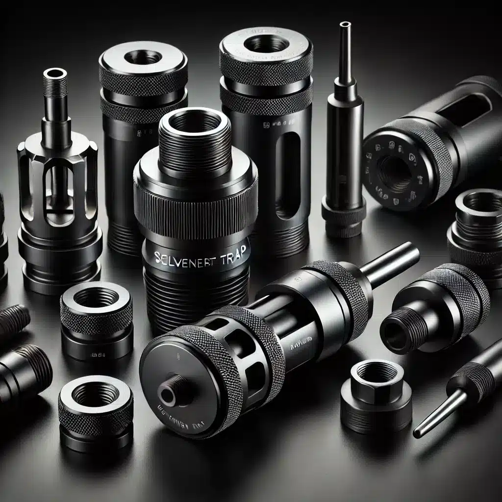 A-high-quality-image-with-a-dark-modern-theme-showcasing-a-universal-solvent-trap-kit-designed-for-multiple-calibers.-The-image-should-feature-a-sle